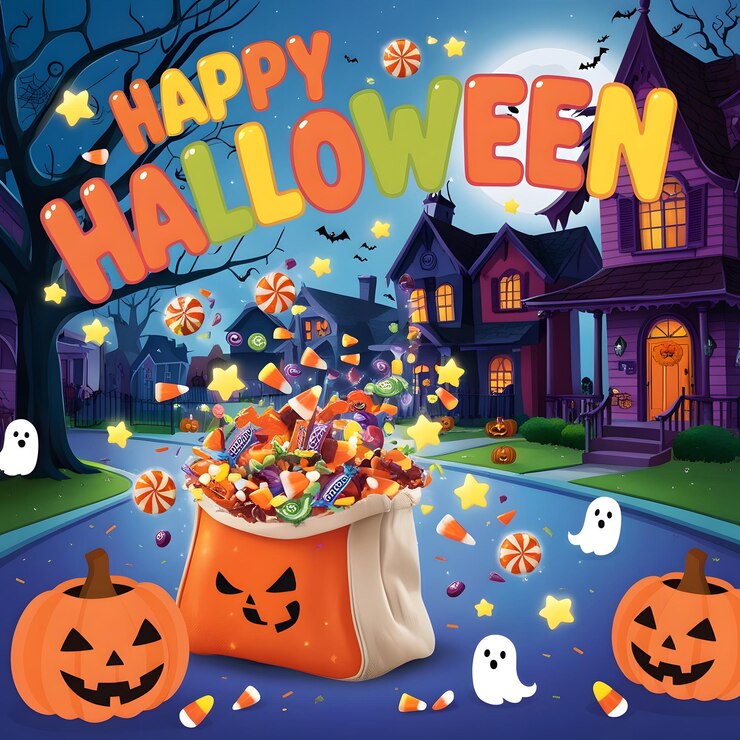 un cartel para el feliz Halloween con una calabaza en el patio delantero