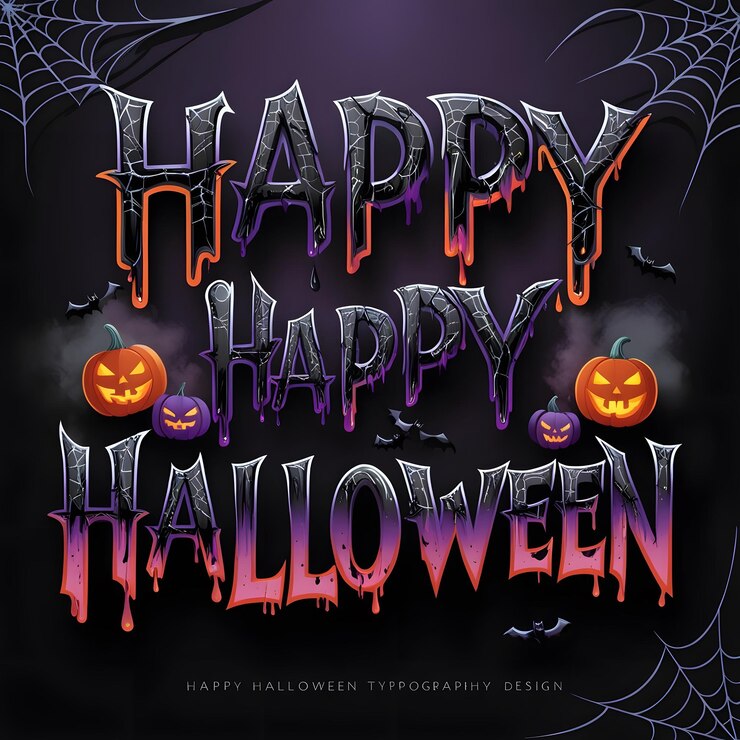 un cartel para el feliz Halloween con calabazas y telas de araña
