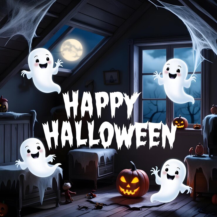 un cartel para el feliz Halloween con fantasmas fantasmas en él
