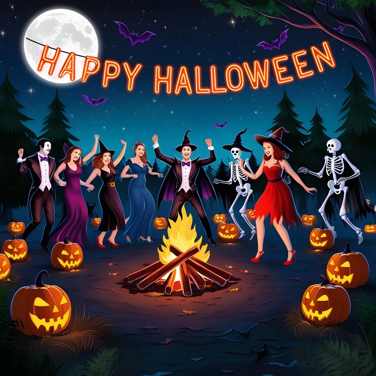 un cartel para el feliz Halloween con una feliz fiesta de Halloween en él