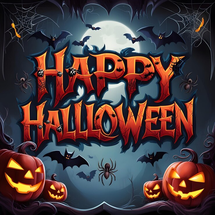 un cartel para el feliz Halloween con murciélagos y arañas en él
