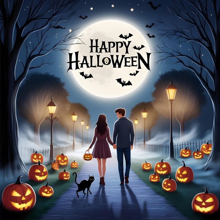 un cartel de feliz Halloween con una pareja en primer plano y una pareja en el fondo