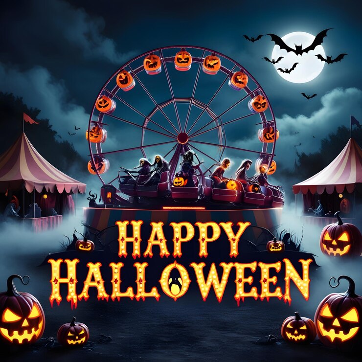 un cartel para el feliz Halloween con una rueda de la ferris en el fondo