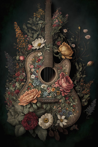 Cartel del festival de música country con guitarra acústica y flores AI.