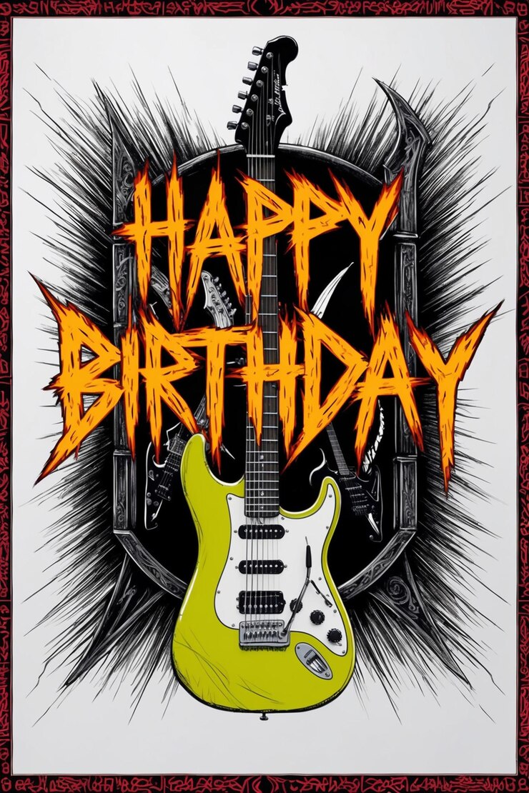 un cartel para una fiesta de cumpleaños con una guitarra en él
