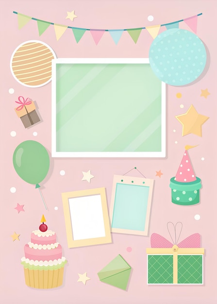 un cartel para una fiesta de cumpleaños con una imagen de un pastel de fiesta y una caja de cajas de regalos abriendo cartas