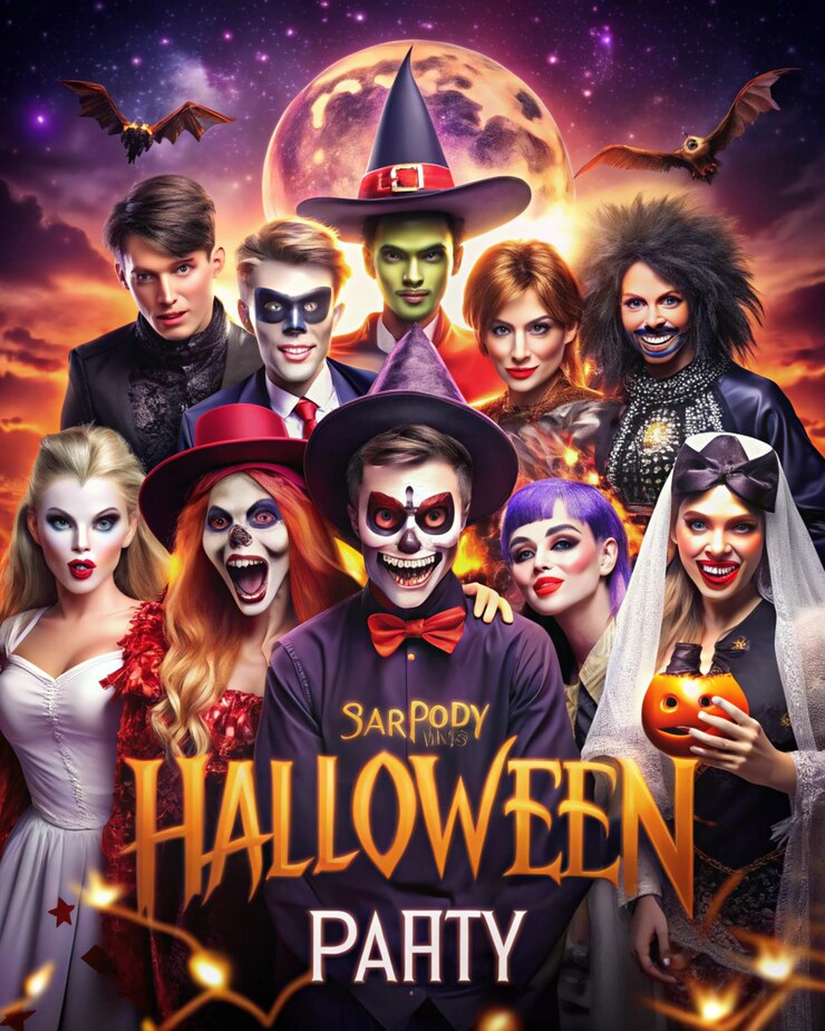 un cartel para una fiesta de Halloween con un hombre en un sombrero negro y una corbata roja