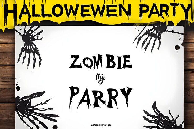 un cartel para la fiesta de Halloween con letras negras y amarillas que dice fiesta de Halloween
