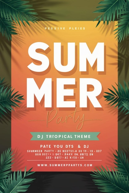 un cartel para una fiesta tropical con palmeras y un fondo rojo y naranja