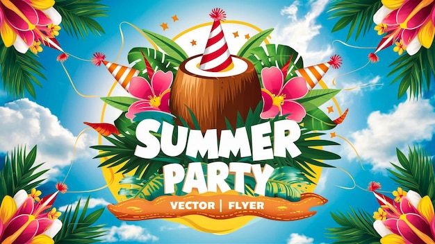 un cartel para una fiesta de verano con palmeras y una isla tropical