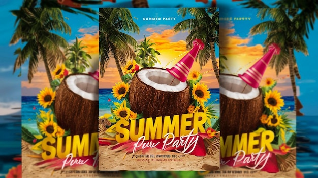 un cartel para una fiesta de verano con palmeras y un sombrero de sol en él