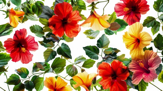 Foto cartel con flores de hibisco y hojas verdes sobre un fondo blanco, estandarte horizontal de estilo art déco