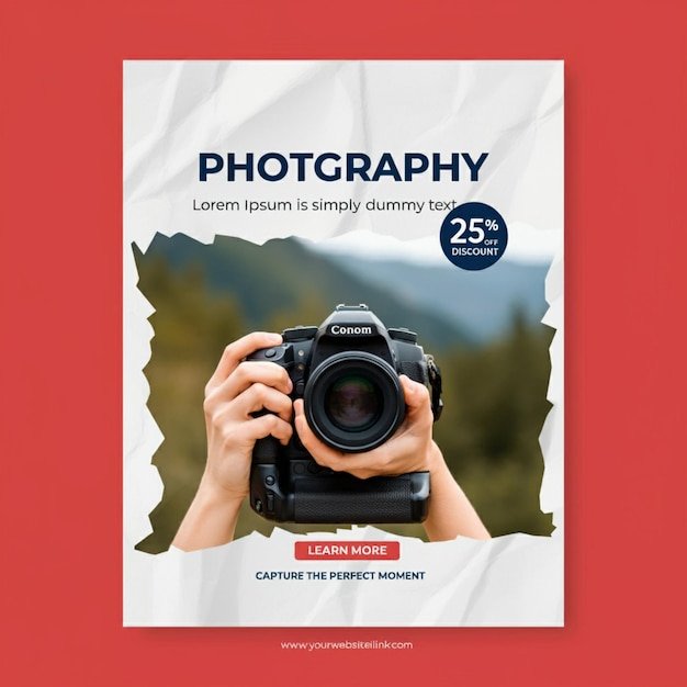 un cartel para fotografía fotografía que es rojo y blanco