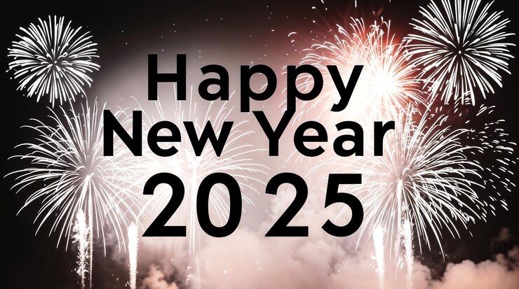 un cartel con fuegos artificiales y una multitud de personas en el fondo feliz año nuevo 2025