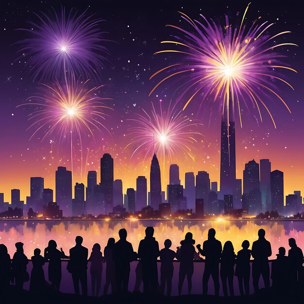 un cartel con fuegos artificiales que dice "fuegos artificiales" y un horizonte de la ciudad
