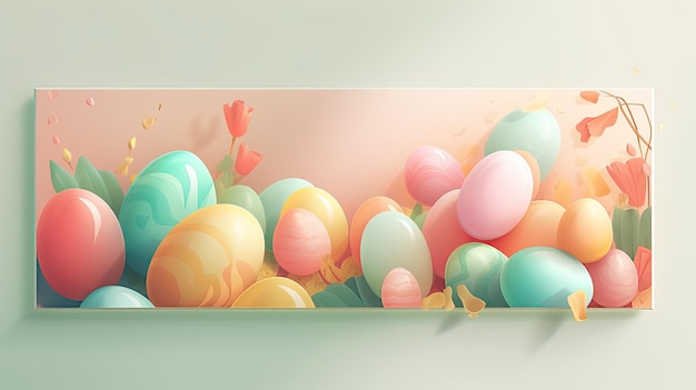Cartel futurista moderno de Pascua y plantilla de pancarta con huevos de Pascua sobre fondo claro Saludos para el día de Pascua Contenido generativo de IA