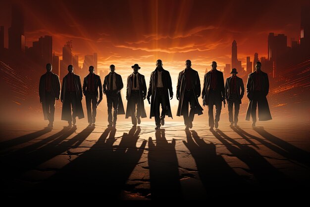 un cartel de un grupo de hombres en una película oscura con paisaje urbano en el fondo
