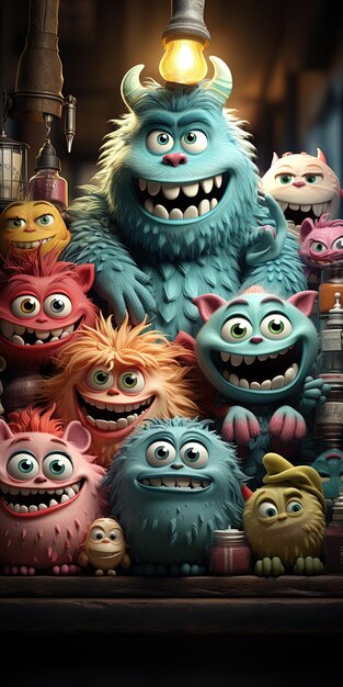 Foto un cartel con un grupo de personajes de dibujos animados incluyendo un monstruo