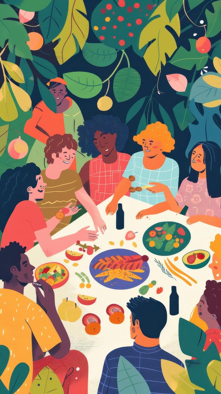 un cartel de un grupo de personas que tienen una comida