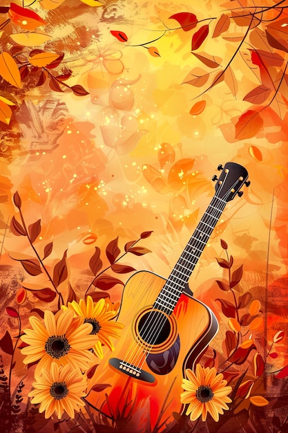 Un cartel de guitarra de otoño con flores