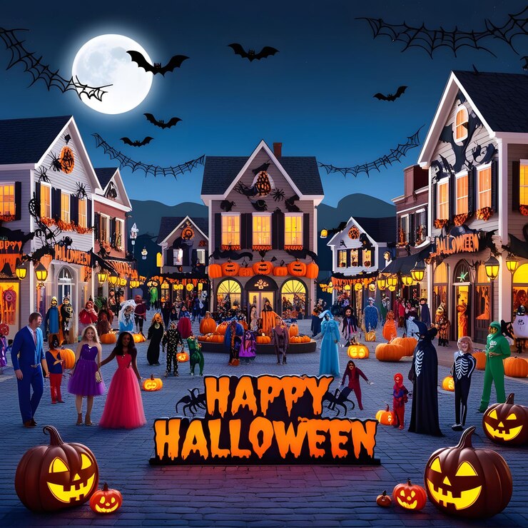 un cartel para Halloween con una calabaza feliz en él
