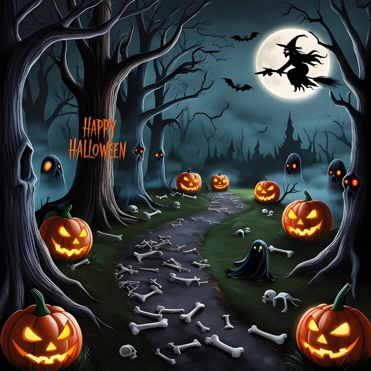 un cartel de Halloween con calabazas y murciélagos en él
