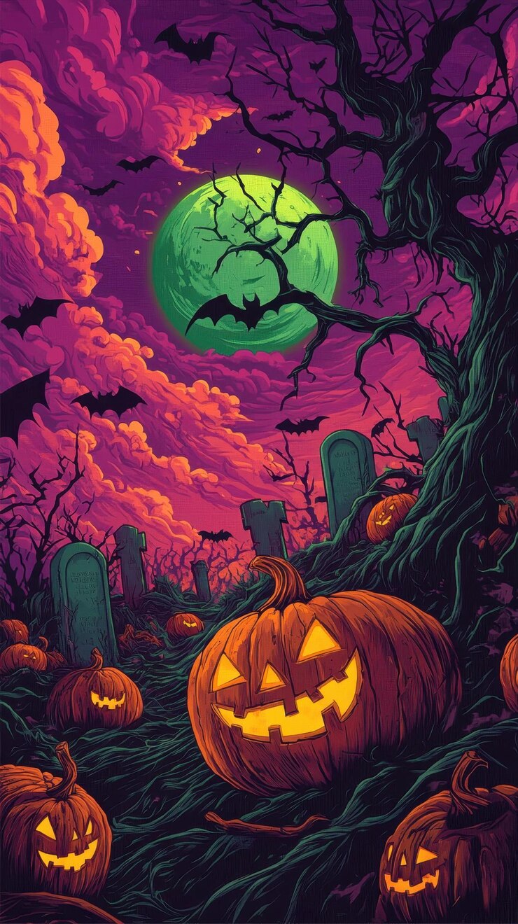 un cartel de Halloween con calabazas y murciélagos en él