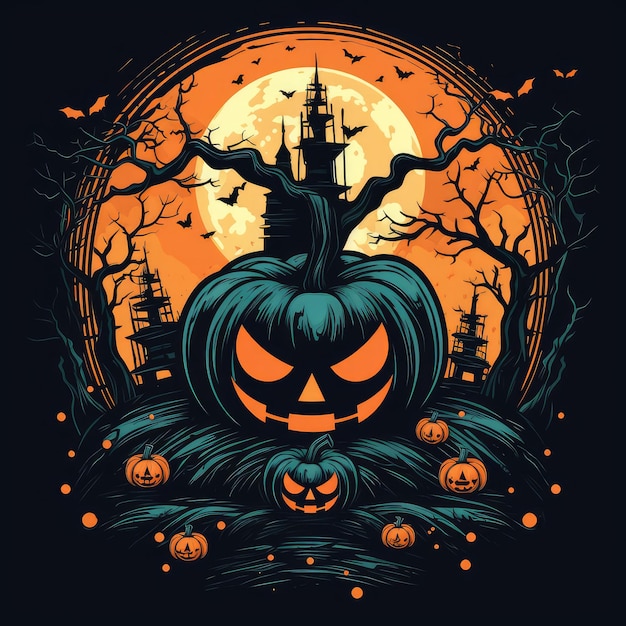 un cartel de halloween con un castillo en la parte superior.