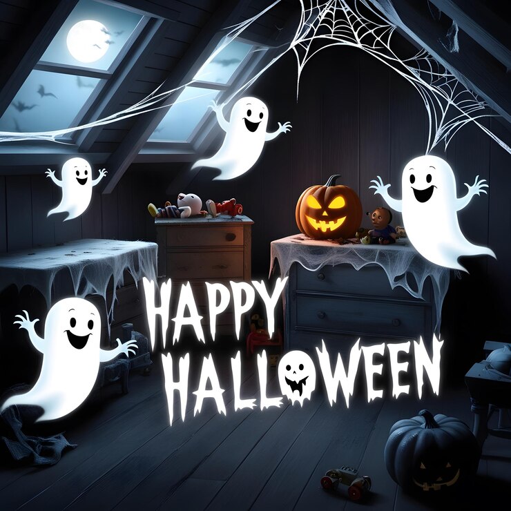 un cartel de Halloween con fantasmas fantasmas en él