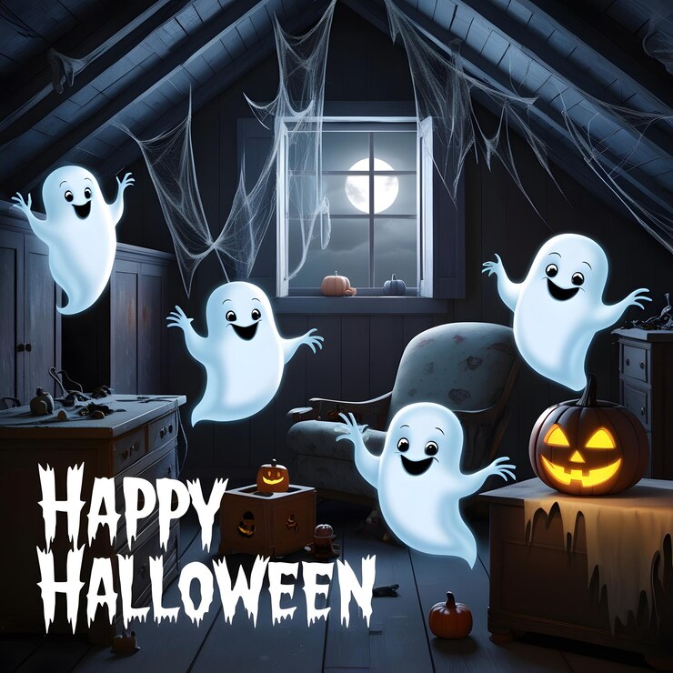 un cartel para Halloween con fantasmas de fantasmas en él