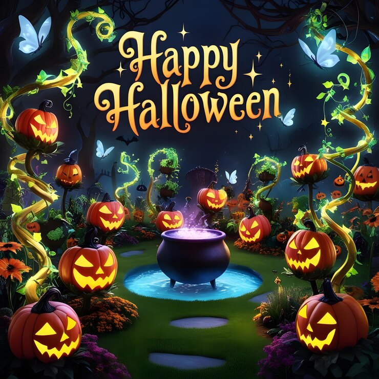un cartel para Halloween con una fuente de agua y una escena espeluznante con una escena espetacular