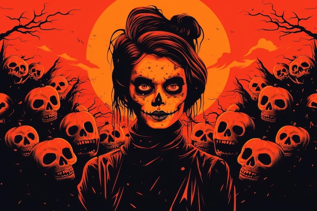 un cartel de halloween con una mujer con cara de calavera