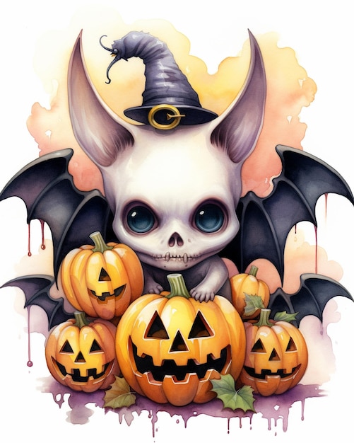 un cartel de Halloween para un murciélago con una calabaza en él