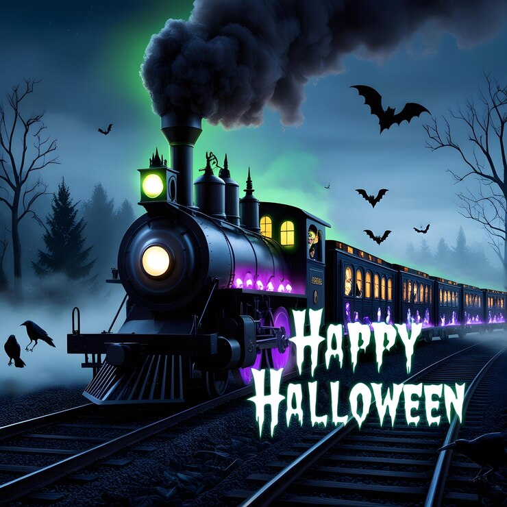 un cartel para Halloween con un tren en el frente y las palabras feliz Halloween en el frente