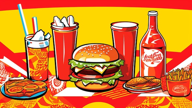 Un cartel de una hamburguesa, dos vasos de coca cola y una botella de coca cola.