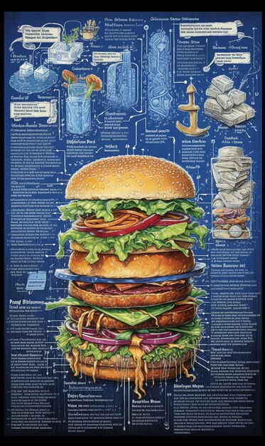 Foto un cartel de una hamburguesa con un fondo azul.