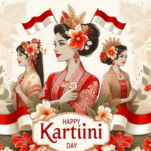 cartel de hari kartina de una mujer en traje tradicional con flores y una imagen de una mujer