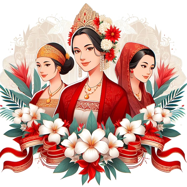 un cartel de Hari Kartini una mujer con flores y una mujer con un vestido rojo