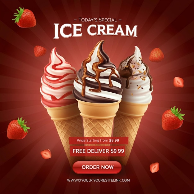 un cartel de helado con un fondo rojo con una imagen de cono de helado en él