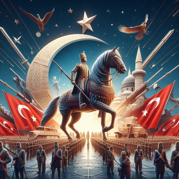 un cartel con un hombre en un caballo y banderas con la palabra libertad en él