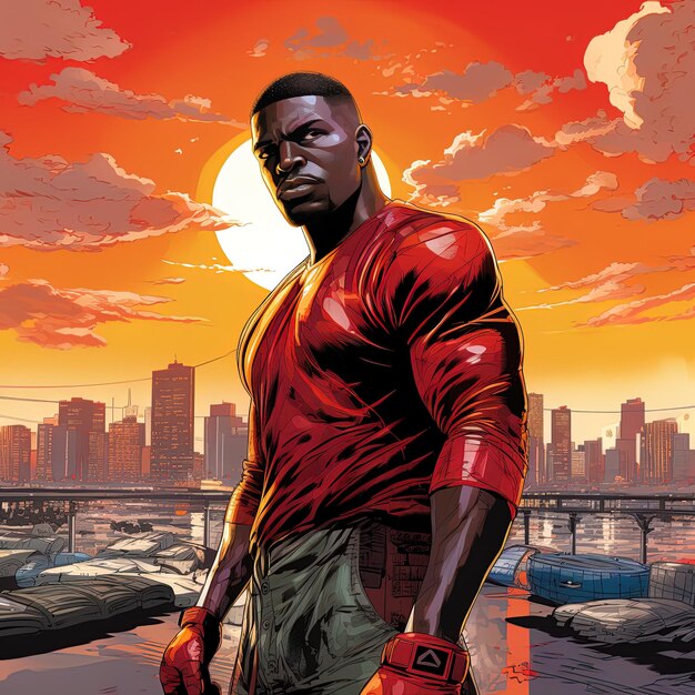 un cartel de un hombre con una camisa roja y una camiseta roja que dice que es un boxeador