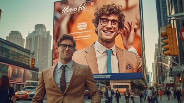 un cartel de un hombre con gafas y un hombre con traje y gafas.