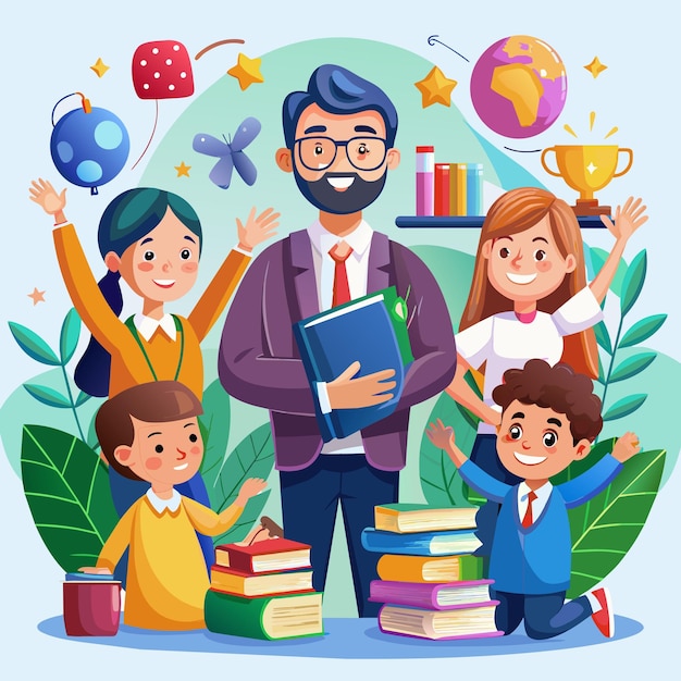un cartel de un hombre con un grupo de niños y un libro con la palabra "el que hay en él"