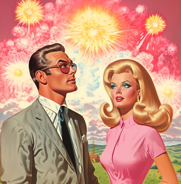 Un cartel para un hombre y una mujer con fuegos artificiales de fondo.