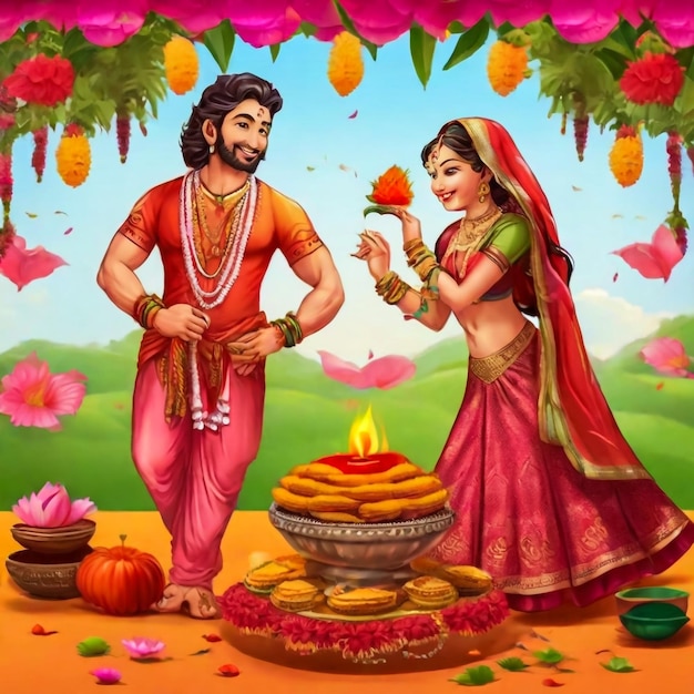 un cartel con un hombre y una mujer en rosa y naranja