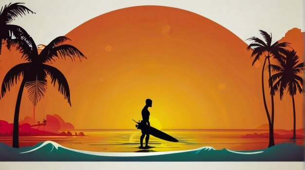 un cartel con un hombre en la playa con una tabla de surf en el agua