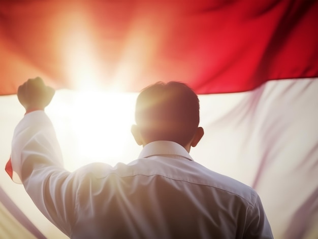 Foto cartel del hombre que agita la bandera de indonesia