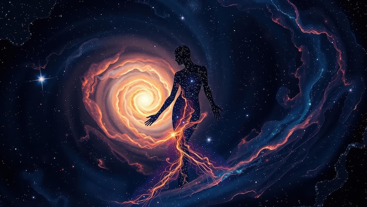 Foto un cartel para un hombre con un rayo en la mano y las palabras el universo