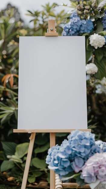 Foto un cartel horizontal blanco en caballete frente a las mesas de recepción de bodas con flores de hortensia de colores azul pastel y púrpura