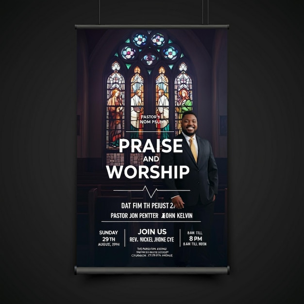un cartel para la iglesia de adoración con un hombre en un traje de pie frente a una ventana de vidrio teñido